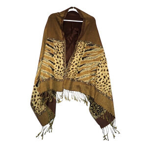 Animal Print Scarf Shawl Wrap Elegant Leopard Print 27x78 Fringe Gold Black